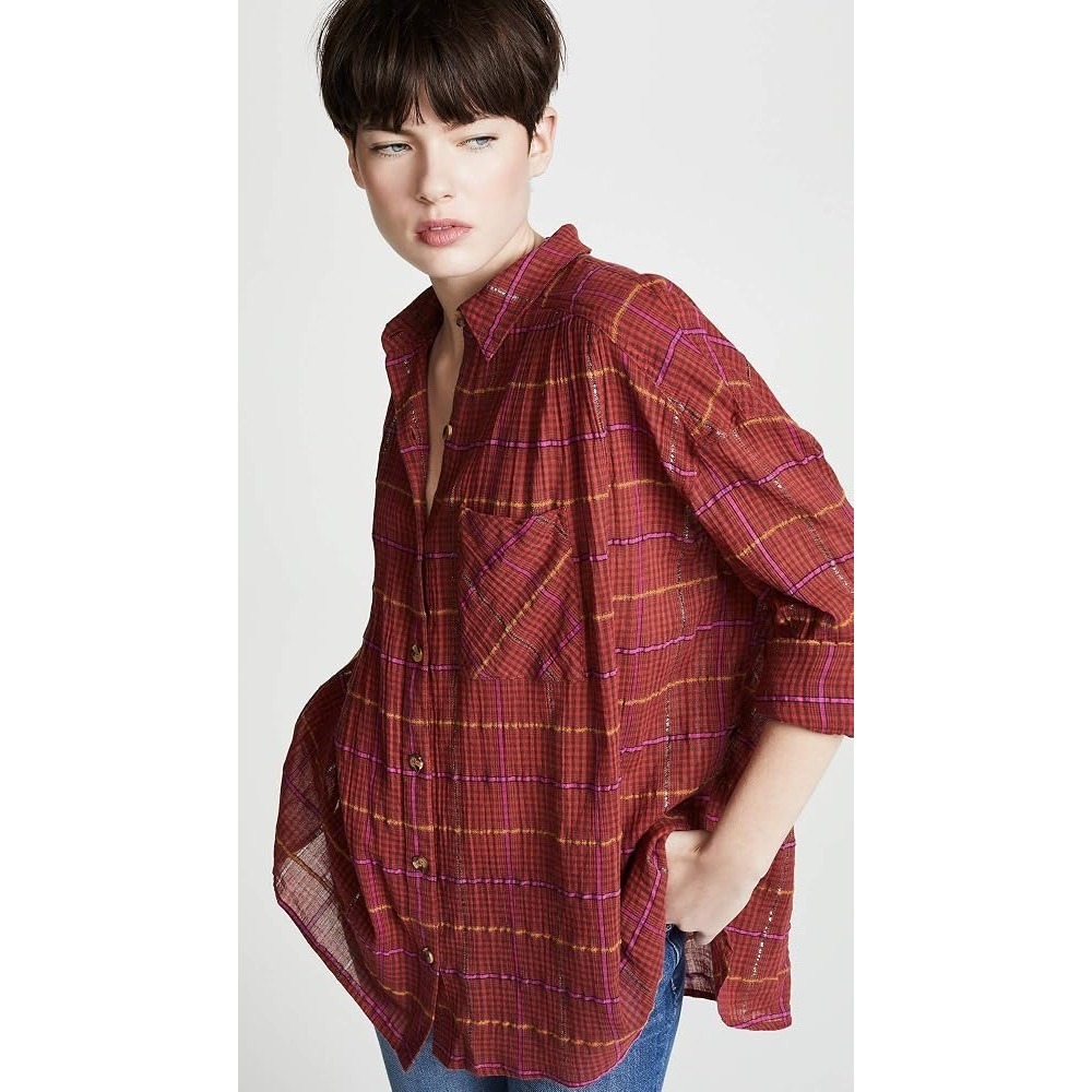 Free People Rust Red Plaid Button-Down Shirt with Pink & Yellow Stripes